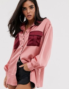 Розовая атласная oversize-рубашка с контрастными карманами Missguided-Розовый