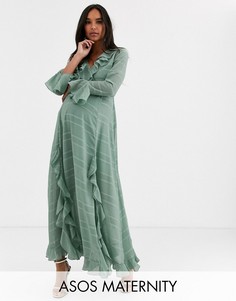 Платье с запахом, оборками и ободок в полоску ASOS DESIGN Maternity-Зеленый
