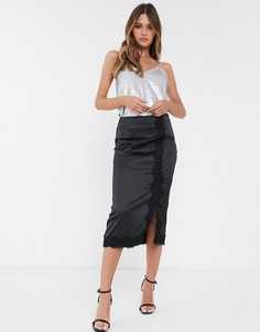 Атласная юбка миди с разрезом с кружевной отделкой Vila-Черный