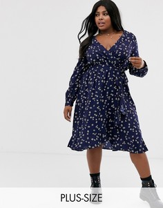 Темно-синее платье миди с запахом и цветочным принтом Influence Plus-Темно-синий