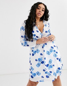 Платье мини с перекрученной отделкой спереди и синим цветочным принтом Missguided Plus-Мульти
