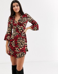 Платье мини с запахом, оборками, рукавами клеш и леопардовым принтом Outrageous Fortune-Мульти