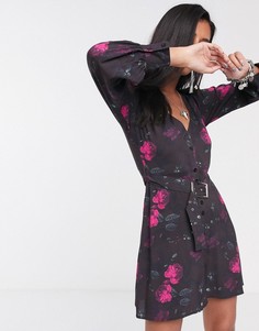 Чайное платье в винтажном стиле с цветочным принтом и ремнем Sacred Hawk-Фиолетовый