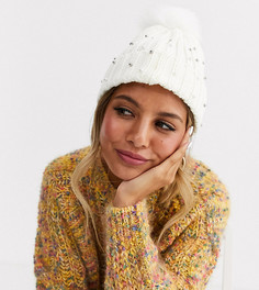 Эксклюзивная зимняя шапка-бини белого цвета с помпоном и искусственным жемчугом Stitch & Pieces-Белый