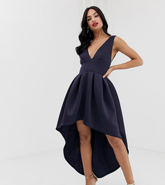 Эксклюзивное темно-синее короткое приталенное платье с глубоким вырезом и асимметричным краем True Violet-Темно-синий