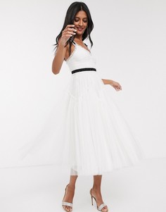 Платье миди с контрастным поясом и бантом Needle & Thread-Белый
