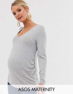 Серый меланжевый лонгслив с V-образным вырезом ASOS DESIGN Maternity