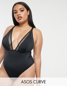 Черный сетчатый слитный купальник с глубоким вырезом ASOS DESIGN curve