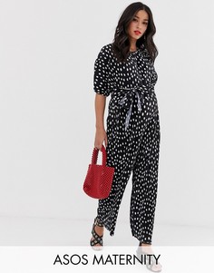 Плиссированный комбинезон в горошек с поясом ASOS DESIGN Maternity-Мульти