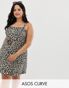 Льняной сарафан мини с леопардовым принтом и деревянной пряжкой ASOS DESIGN Curve-Мульти