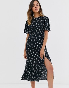 Черное платье миди с разрезом и цветочным принтом New Look-Черный