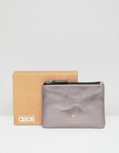 Кожаный бумажник на молнии с эффектом металлик и тисненым логотипом ASOS DESIGN-Серебряный