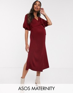 Трикотажное платье миди в рубчик с запахом и объемными рукавами ASOS DESIGN Maternity-Красный
