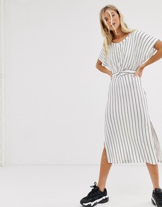 Белое платье миди с поясом Bershka-Белый