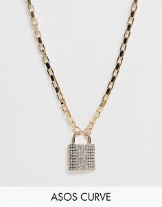 Золотистое ожерелье с массивной цепочкой и подвеской-замком с отделкой камнями ASOS DESIGN Curve-Золотой