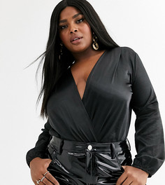 Блестящее атласное боди с запахом Flounce London Plus-Черный