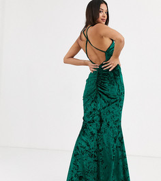 Бархатное платье макси с высоким воротом и перекрестной спиной Flounce London Petite-Зеленый цвет