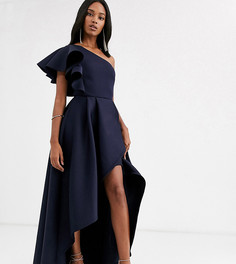 Темно-синее асимметричное платье макси на одно плечо для выпускного с оборками True Violet-Темно-синий