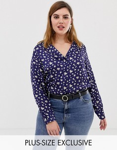 Атласная блузка в винтажном стиле с отложным воротником и цветочным принтом Glamorous Curve-Темно-синий