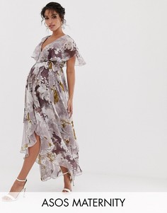 Платье макси с цветочным принтом в стиле пэтчворк и кейпом ASOS DESIGN Maternity-Мульти