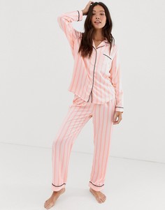 Пижамный комплект из ткани под атлас с узором в полоску и с топом с длинными рукавами Loungeable-Розовый