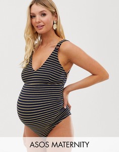 Фактурный слитный купальник в сине-золотистую полоску ASOS DESIGN maternity-Мульти