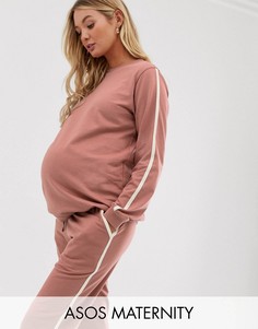 Спортивный костюм с контрастной окантовкой из свитшота и базовых джоггеров с посадкой под животом и завязкой ASOS DESIGN Maternity-Розовый