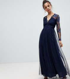 Кружевное платье макси с длинными рукавами ASOS PETITE-Темно-синий