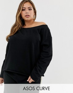 Черный свитшот с открытыми плечами и необработанными краями ASOS DESIGN Curve