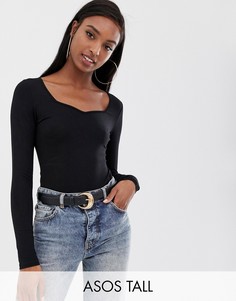 Черное боди с длинными рукавами и вырезом в форме сердца ASOS DESIGN Tall-Черный
