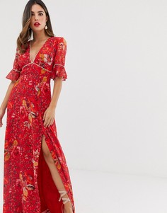Красное платье макси с глубоким вырезом спереди, расклешенными рукавами и цветочным принтом Hope & Ivy-Мульти