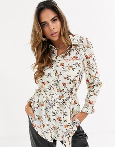 Рубашка кремового цвета с цветочным принтом и поясом Missguided-Кремовый