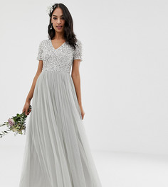 Серое платье макси с V-образным вырезом и однотонными пайетками Maya Bridesmaid-Серый