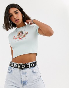 Зеленая укороченная футболка с ангелочком Bershka-Зеленый