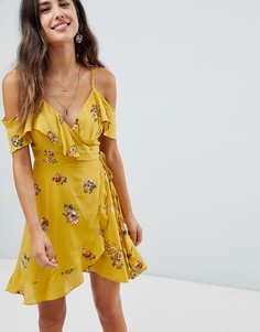 Платье с открытыми плечами, запахом и цветочным принтом Lunik-Желтый