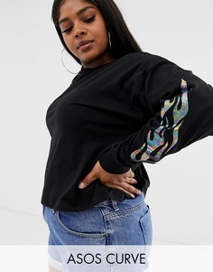 Футболка с длинным рукавом с фольгированной отделкой в виде пламени на рукавах ASOS DESIGN Curve-Черный