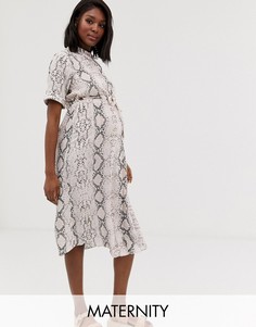 Платье-рубашка со змеиным принтом и завязкой на талии New Look Maternity-Розовый