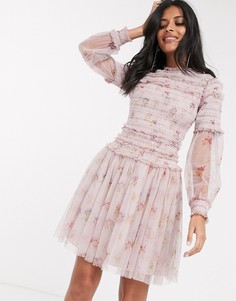 Платье мини с пайетками и прозрачными рукавами Needle & Thread-Фиолетовый