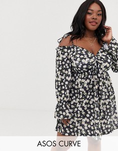 Сарафан свободного кроя с цветочным принтом и открытыми плечами ASOS DESIGN Curve-Мульти