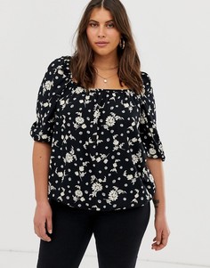 Черная блузка с квадратным вырезом и цветочным принтом Simply be-Мульти