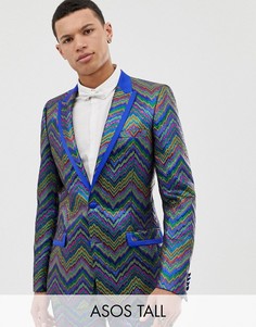 Приталенный жаккардовый пиджак-смокинг с разноцветным зигзагообразным рисунком ASOS EDITION Tall-Синий