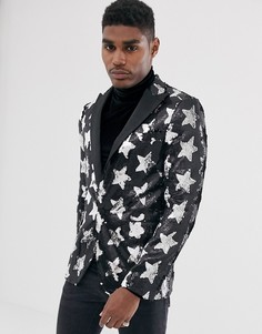 Черный приталенный пиджак с атласными лацканами и пайетками Devils Advocate