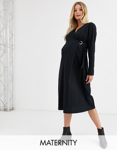 Платье миди для беременных с запахом и ремешком Mamalicious-Черный Mama.Licious