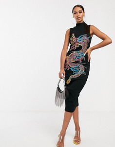 Платье миди с воротником поло и вышивкой ASOS DESIGN-Черный