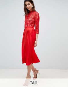 Плиссированное платье миди с кружевным верхом и рукавами 3/4 Little Mistress Tall-Красный