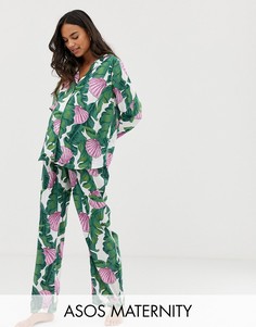 Пижама с брюками из 100% модала с пальмами и ракушками ASOS DESIGN Maternity-Мульти