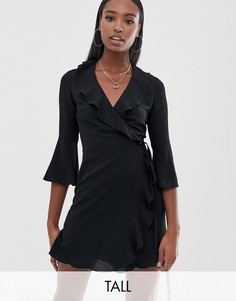 Черное платье с запахом, оборками и расклешенными рукавами Outrageous Fortune Tall-Черный