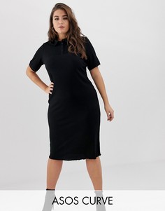 Платье миди в рубчик с воротником поло и небольшой оборкой по краю ASOS DESIGN Curve-Черный