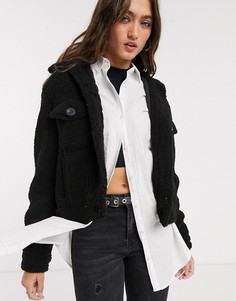 Черная флисовая куртка с пуговицами Bershka-Черный