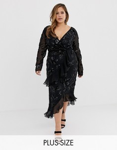 Черное асимметричное платье миди с запахом и оборками Virgos Lounge Plus-Синий